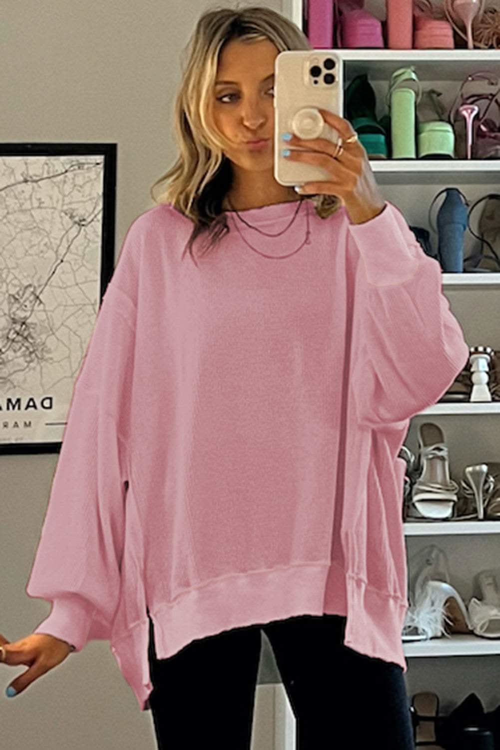 Pink Waffle Knit Bishop Sleeve Split Oversized Sweatshirt - Love Salve